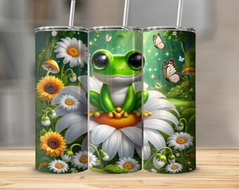 Papier do pakowania na kubek z żabą – kwiaty stokrotki, motyl, Cottagecore (PNG)