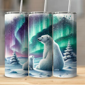 Polar Bear Tumbler Wrap – 20oz Skinny Tumbler Sublimation PNG, Winter Animal Design, Aurora Borealis Polar Bear PNG SVG, Skinny Tumbler Wrap