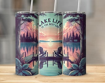 Kubek Lake Life Tumbler PNG – wzór Sunset Dock, 20 uncji cienkiego papieru do pakowania (pobieranie cyfrowe)