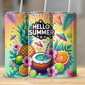 Hello Summer Tropical Sublimation Design - Pineapple, Coconut, & Cocktail Tumbler Wrap for 20oz Skinny Tumblers