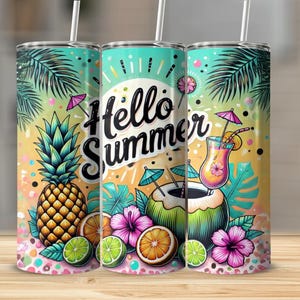 Hello Summer Tropical Sublimation Design - Pineapple, Coconut, & Cocktail Tumbler Wrap for 20oz Skinny Tumblers