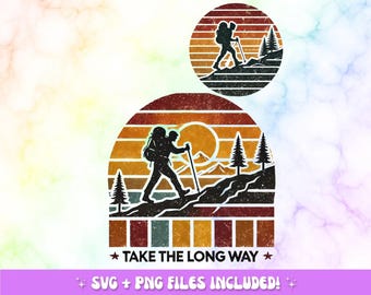 Retro Sunset Hiking PNG | Mountain Adventure Design (Digital Download)