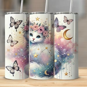 Celestial Cat Sublimation PNG – 20oz Skinny Tumbler Wrap, Cat Design, Cat PNG, Animal Tumbler Wrap, Sublimation Design for Tumblers