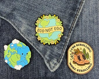 Nature Lover Enamel Pins, Eco Friendly Gift, Environmentalist & Hiking Accessories, Earth Lover Pin Set