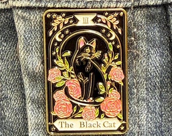 Black Cat Tarot Enamel Pin, Gothic Witchy Floral Lapel Pin