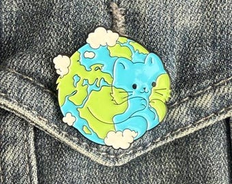 Cat Hugging Earth Enamel Pin
