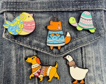 Animals in Sweaters Enamel Pins, Cozy Animal Lover Gift, Sweater Weather Accessories