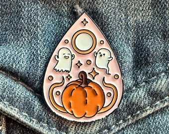 Spooky Ghost Planchette Enamel Pin: Halloween Ghosts & Pumpkin