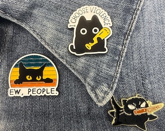 Black Cat Enamel Pins, Introvert & Sarcastic Cat Lover Gift, I Choose Violence, Funny Feral Cat Pin Set
