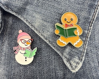 Holiday Book Lover Enamel Pins, Winter Reading Gift, Christmas Snowman & Gingerbread