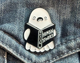 Ghost Reading Enamel Pin: Spooky Book Lover Lapel Pin