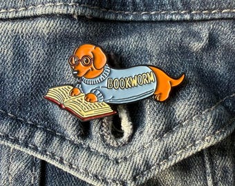 Bookworm Dachshund Enamel Pin – Reader Dog Lapel Pin, Funny Book Lover Gift, Librarian Accessory