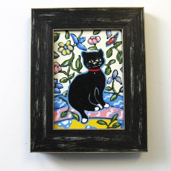 Framed Original black cat with flowers painting, 10" x 8", acrylic kitty art canvas, original cat art, whimsical wall décor, Brooke Howie