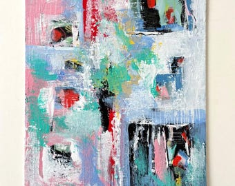 Original Contemporary Abstract Painting | Multicolor Modern Bright Wall Art | 11 x 14 Canvas | Black White Turquoise Art l wall hanging