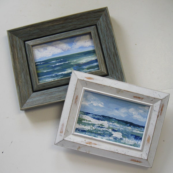 Pair of framed original seascape paintings, abstract textured beach art, distress framed Blue acrylic Ocean Paintings, Beach lover gift