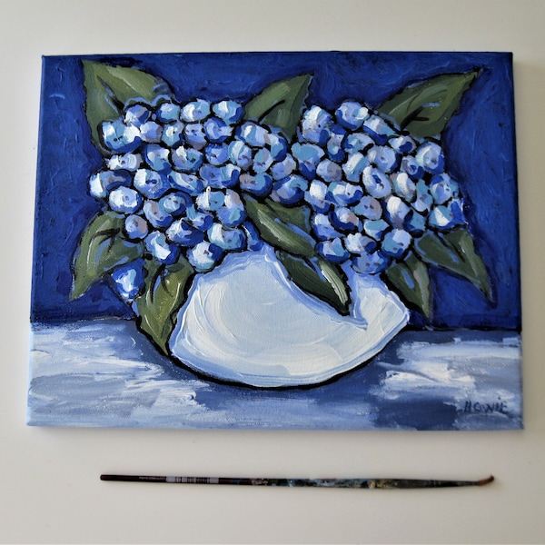 Original blue hydrangeas acrylic still life painting, 14" x 11", shabby art canvas, Impressionist floral, bright wall art, fun home decor