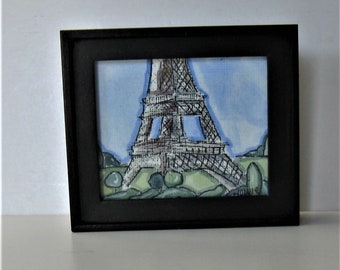 Acrylic Eiffel Tower painting, 3 1/2" x 3 1/8", tiny black framed art canvas, original Mini painting, Paris apartment, small painting, gift