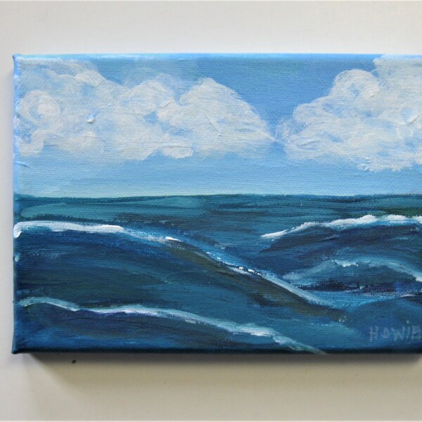 Acrylic seascape painting, 7" x 5", small original art canvas, Expressionist gallery, beach gallery wall art, beach cottage decor, OOAK