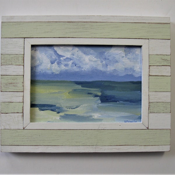 Original framed acrylic seascape painting, 10" x 8", shabby green and white  distressed frame, beach cottage décor, back easel, tabletop art