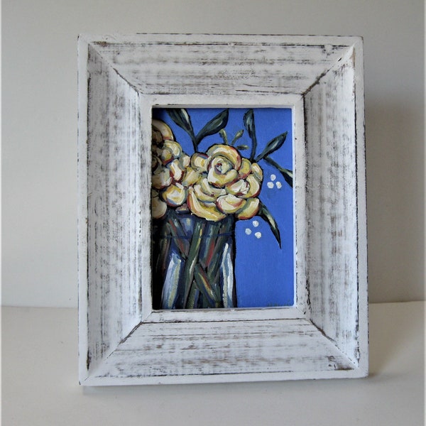 Framed floral painting, 9" x 11, original yellow roses acrylic art canvas, shabby white frame, blue and yellow, home decor, flower art, gift