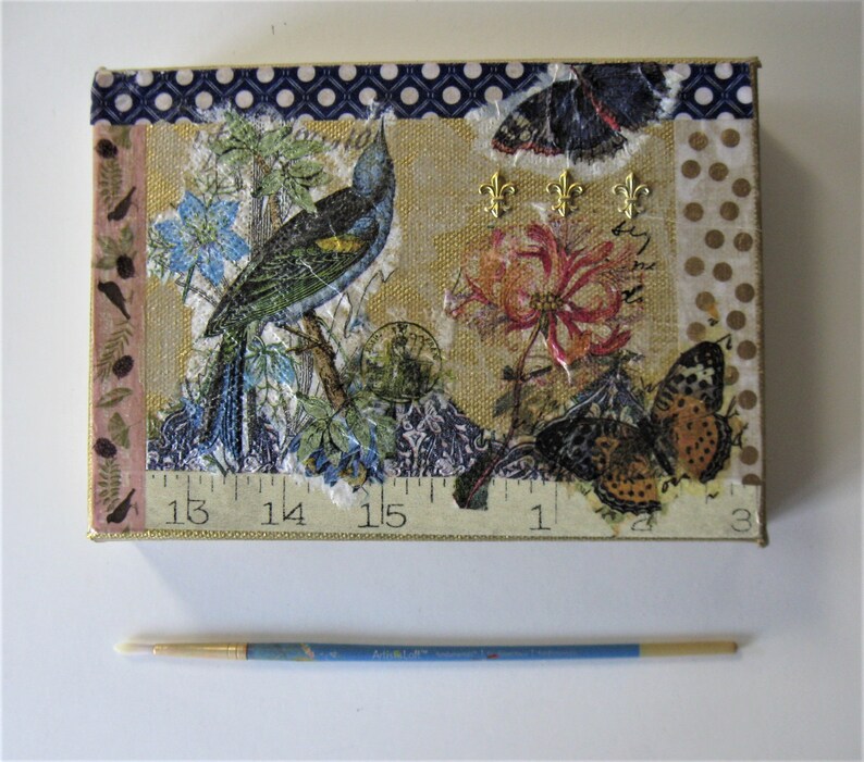Original blue bird mixed media painting gold canvas art 5 x 7 French country wall decor Shabby ...