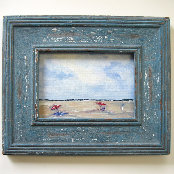 Framed Acrylic Beach painting, 11" x 9", Original seascape art canvas, Expressionist Ocean scene, beach umbrella, wall art, beach life decor