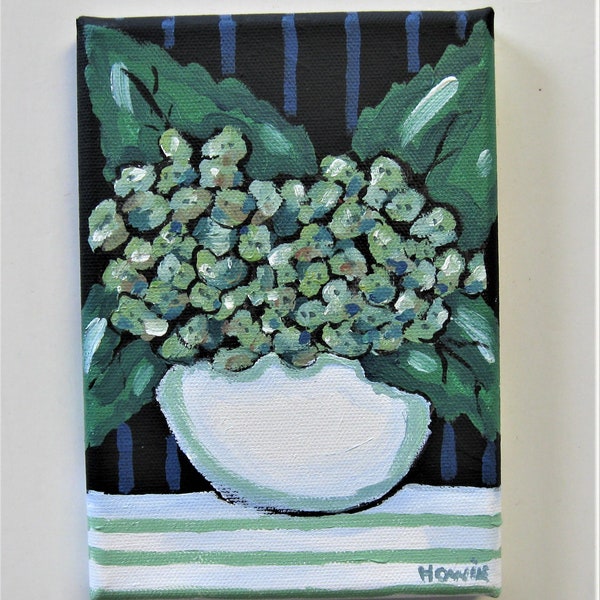 Hydrangea flowers art canvas, 5" x 7", original still life painting, whimsical floral wall art, Brooke Howie, small bright wall hanging