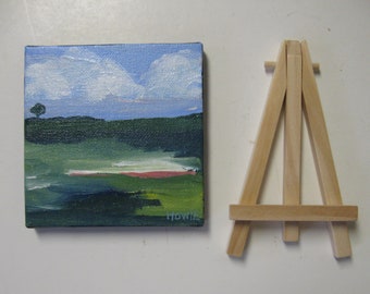 Mini Original landscape painting, 4" x 4", small square acrylic art canvas, handmade tiny landscape stretched art canvas, gift idea, OOAK