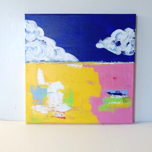 Bright Landscape painting, 10&quot; x 10&quot;, small original acrylic art canvas, cloud painting, abstract landscape wall decor, wall hanging, gift