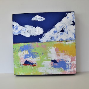 Bright Landscape painting, 10&quot; x 10&quot;, small original acrylic art canvas, cloud painting, abstract landscape wall decor, wall hanging, gift
