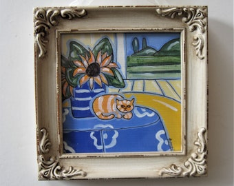Cat painting, Sunflower painting, 5" x 5", original acrylic art canvas, French Country wall art