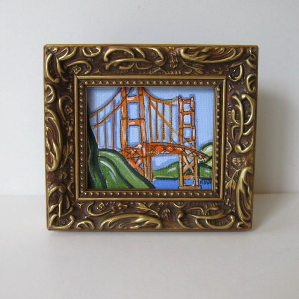 Original framed Golden Gate Bridge painting, 3 1/2" x 4", small canvas, ornate gold frame, miniature San Francisco bridge painting, gift