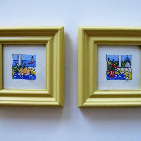 SALE, 2 Original Acrylic Paintings on canvas, still life, cat art, Eiffel tower, Yellow frame, 6 3/4" x 6 3/4", Shabby nursery decor, gift