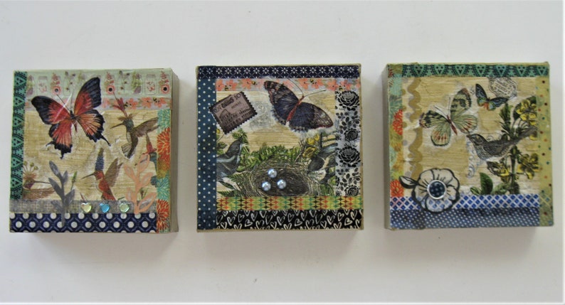 Gift Group Wall Hanging 5 X 5 Floral Collage Art Canvas Original Birds Triptych 3 Mixed Media Butterfly Paintings Small Art Canvas Art Collectibles Mixed Media Collage Kromasol Com