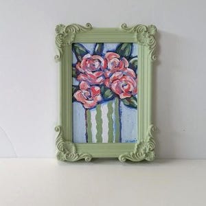 Ornate green framed acrylic roses painting, 5" x 7", original pink roses art canvas, still life wall hanging, small wall gallery decor