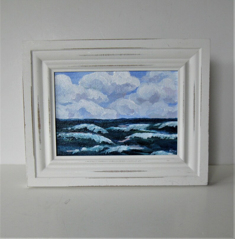 white framed original Impressionist art small art canvas 10 x 8 Nautical Ocean art Beach Cottage d\u00e9cor gift Acrylic Seascape Painting