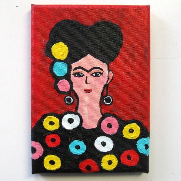 Whimsical Frida Khalo portrait, Original acrylic painting, 5" x 7", wall gallery decor, small art canvas, Boho chic, bright wall decor, gift