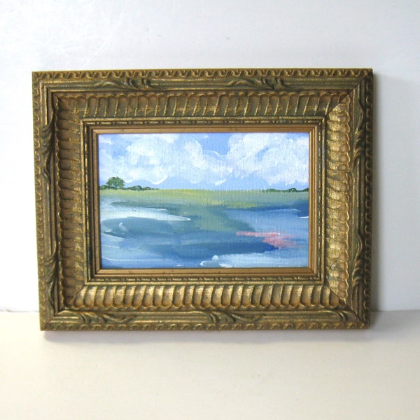 Impressionist Acrylic Landscape Painting, 9" x 7", original framed small art canvas, textured gold frame, Expressionist art canvas, gift