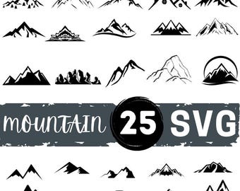 May include: A set of 25 black and white mountain silhouette SVG files. The mountains are in various styles, including simple peaks, jagged peaks, and mountains with trees. The text "mountain 25 SVG" is at the bottom of the image.