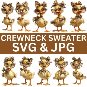 Puede incluir: Ilustración digital de diez pollitos amarillos con gafas, pajaritas y diademas con estampado de leopardo. El texto "CREWNECK SWEATER SVG & JPG" se muestra en letras blancas sobre un fondo marrón.