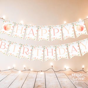 Peach First Birthday PRINTABLE Happy Birthday Banner, 5x7, 1st Birthday Bunting, One Sweet Peach Theme Party Decor, DIGITAL DOWNLOAD