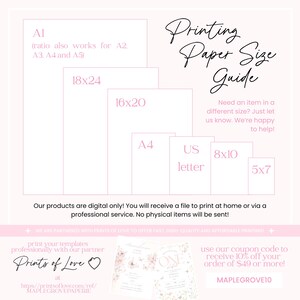 May include: A pink and white "Printing Paper Size Guide" graphic. It displays various paper sizes, including A1, 18x24 inches, 16x20 inches, A4, US letter, 8x10 inches, and 5x7 inches. Text includes "Prints of Love" and a coupon code.