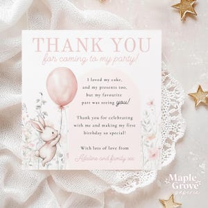 Somebunny is One! Editable Thank You Note Card Template, Baby Girl 1st Birthday Party, Pink Bunny Flowers Floral Boho, DIGITAL DOWNLOAD