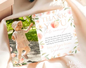 Peach First Birthday EDITABLE Thank You Note Card with Photo Template, One Sweet Peach Theme 1st Birthday Party Favour, DIGITAL DOWNLOAD