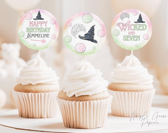 Wicked EDITABLE Cupcake Toppers Template, 2x2 inches, Wicked Birthday Party, Pink and Green Witch Theme, Printable (Digital Download)