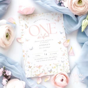 Little Miss Onederful Editable Birthday Invitation Template, Pink, Wildflower Butterfly, Girls First Birthday Party Invite, DIGITAL DOWNLOAD