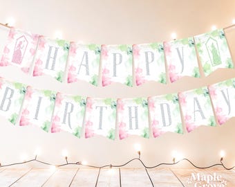 Wicked PRINTABLE Happy Birthday Banner Bunting, 5x7, Pink Green Watercolour Teenager Adult Birthday Party Decor, Instant DIGITAL DOWNLOAD