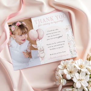 Somebunny is Two! Editable Second Birthday Thank You Note Card with Photo, Template, 2nd Birthday, Pink Boho Floral Bunny, DIGITAL DOWNLOAD