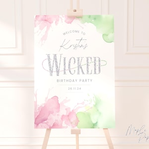 Wicked Birthday Welcome Sign, Pink & Green Watercolour Party Decor, Editable Template, A1/16x20/18x24in, Digital Download
