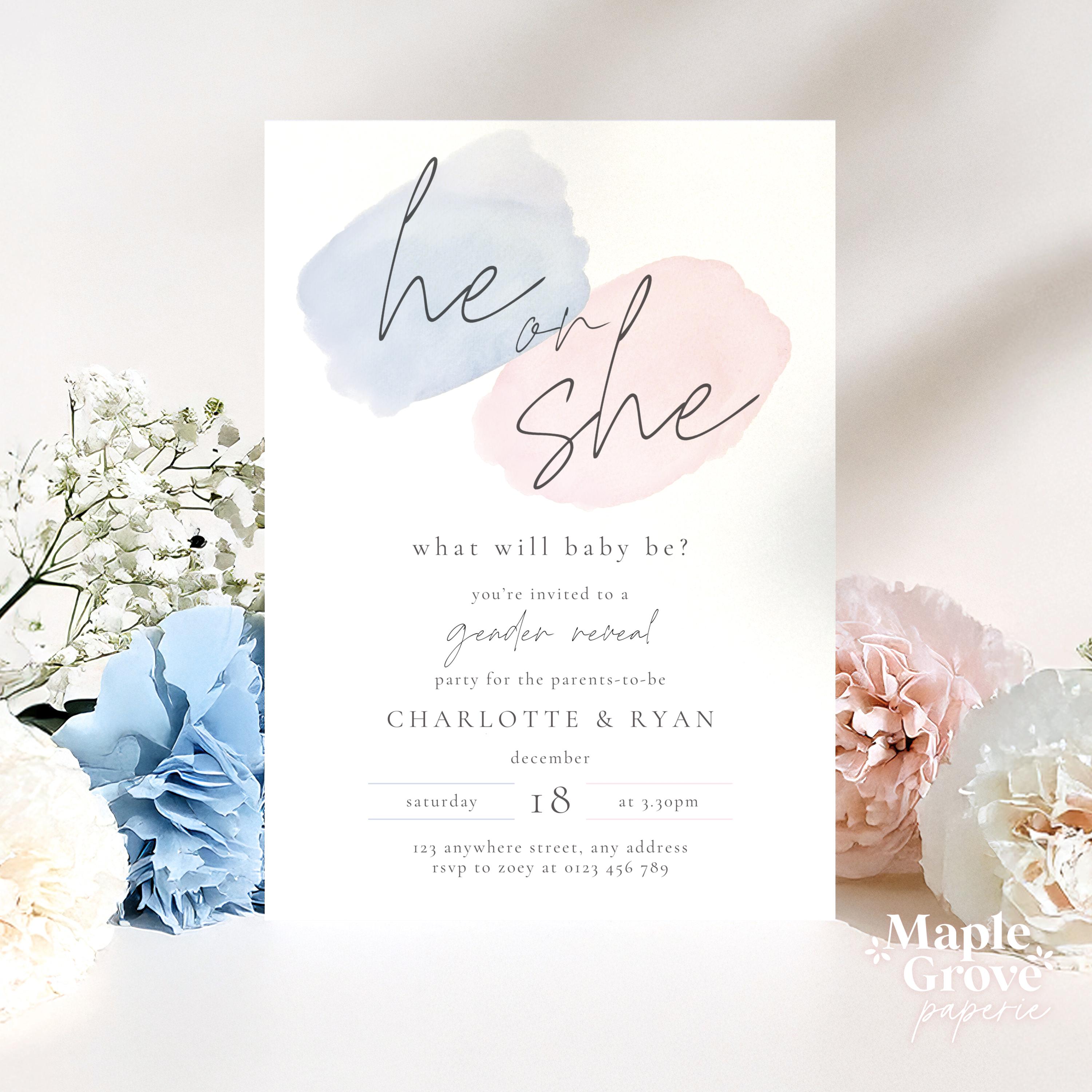 He or She? Editable Gender Reveal Party Invitation Template, Pastel ...
